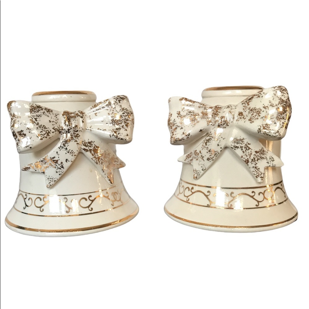 Vintage Ceramic Christmas Candle Holder Set Cream & Gold